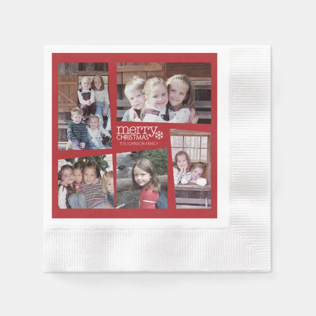 5 Foto Holiday Collage Retro Frohe Weihnachten Serviette (Vorderseite)