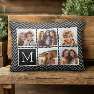 5-Foto-Raster mit schwarzen Chevrons und Monogramm Dekokissen