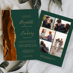 5-Foto-Rost-Gold-Agate Dunkelgrüne Hochzeit Einladung