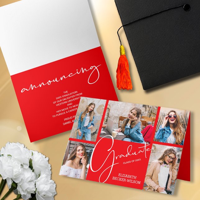 5 Foto Roter Abschluss Ankündigung (Folded 5 photo collage graduation announcements)
