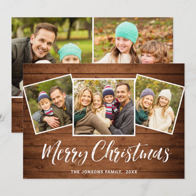 5 FOTO Weihnachten Rustikales Braun Holz Gruß (Vorne/Hinten)