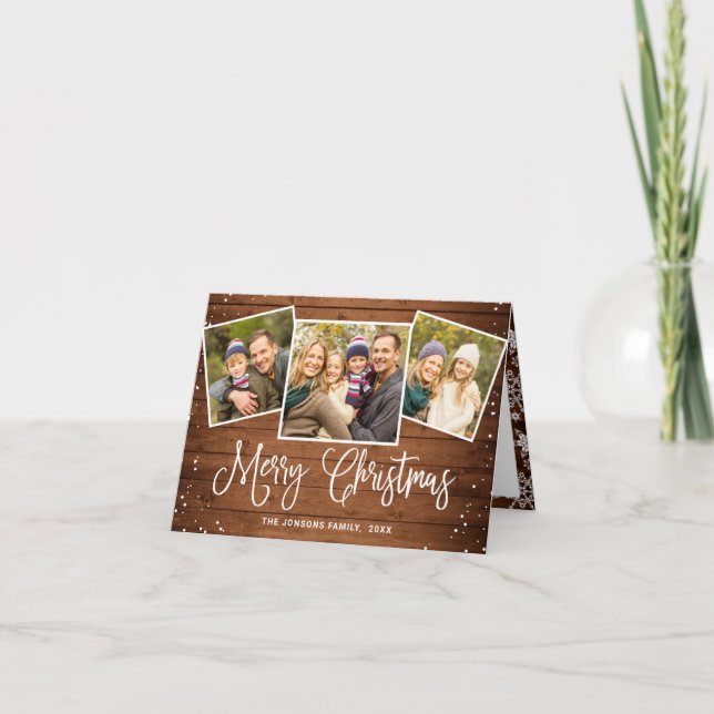 5 FOTO Weihnachten Rustikales Braun Holz Gruß (Vorderseite)