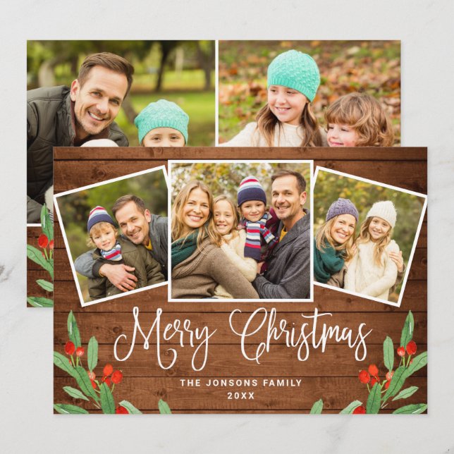 5 FOTO Weihnachten Rustikales Braun Holz Gruß (Vorne/Hinten)