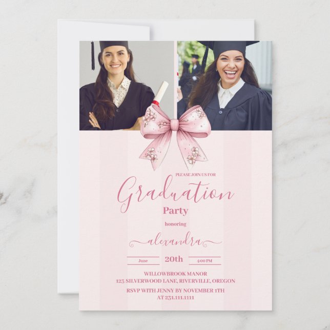 5 Fotos Coquette Blush Bow Graduation Party Einladung (Rückseite)