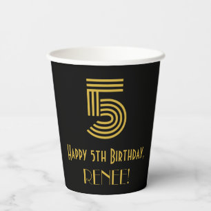 5. Geburtstag: Art Deco Inspiriert Look "5" & Name Pappbecher
