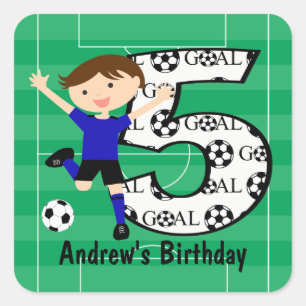 5. Geburtstag Blue and Black Soccer Goal und Name Quadratischer Aufkleber