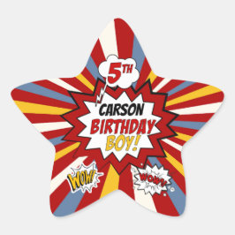 5. Geburtstag Boy Superhero Comic mit Name Stern-Aufkleber