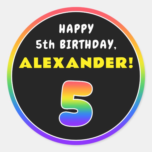 5. Geburtstag: Farbiger Regenbogen # 5, Individuel Runder Aufkleber (Vorderseite)