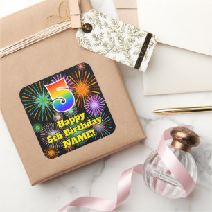 5. Geburtstag: Fun Fireworks Look, Regenbogen # 5 Quadratischer Aufkleber