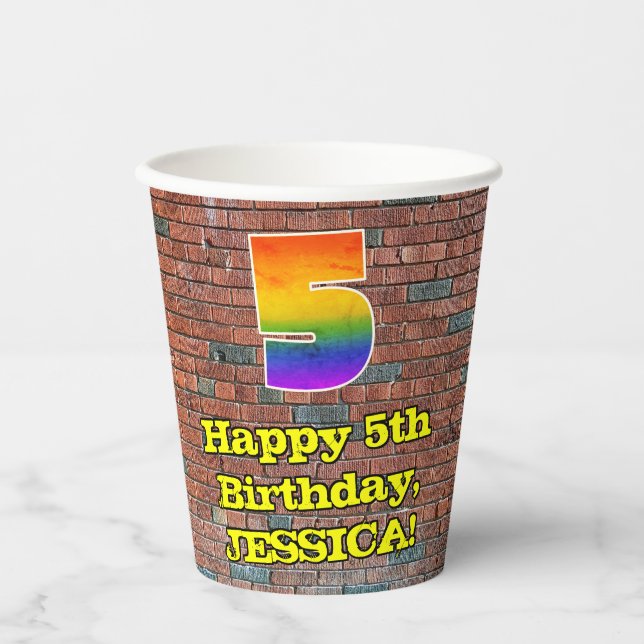5. Geburtstag: Fun Graffiti Inspiriert Regenbogen  Pappbecher (Vorderseite)
