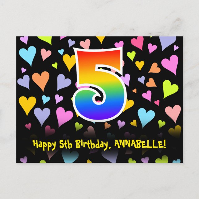 5. Geburtstag: Fun Hearts Pattern, Regenbogen 5 Postkarte (Vorderseite)