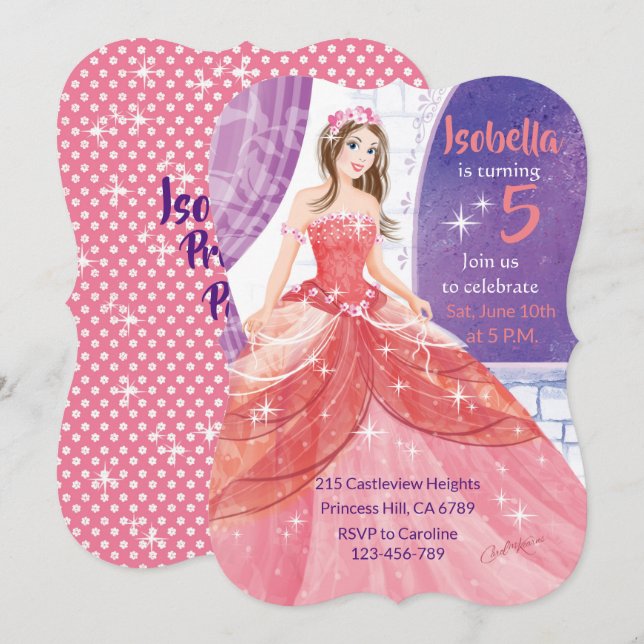5. Geburtstag, rosa Prinzessaktivität Einladung (Vorne/Hinten)