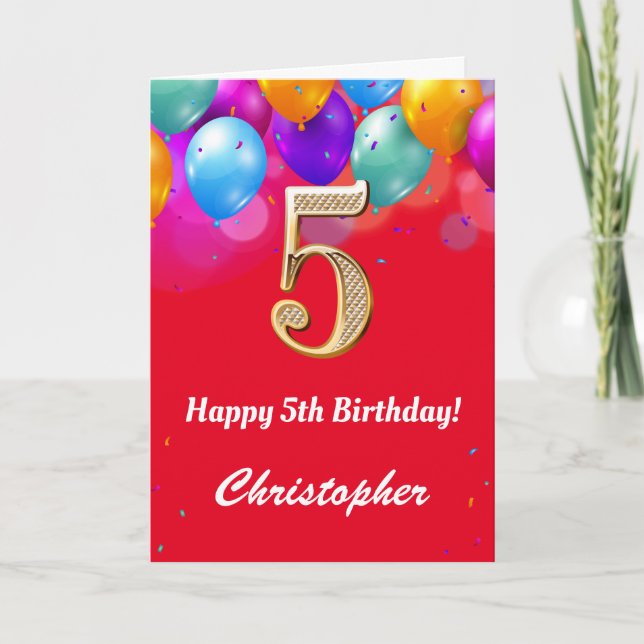 5. Geburtstag Rot und Gold farbige Ballons Karte (Vorderseite)