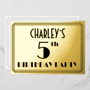 5. Geburtstagsfeier — Art Deco-Look „5“ + Name Folieneinladung