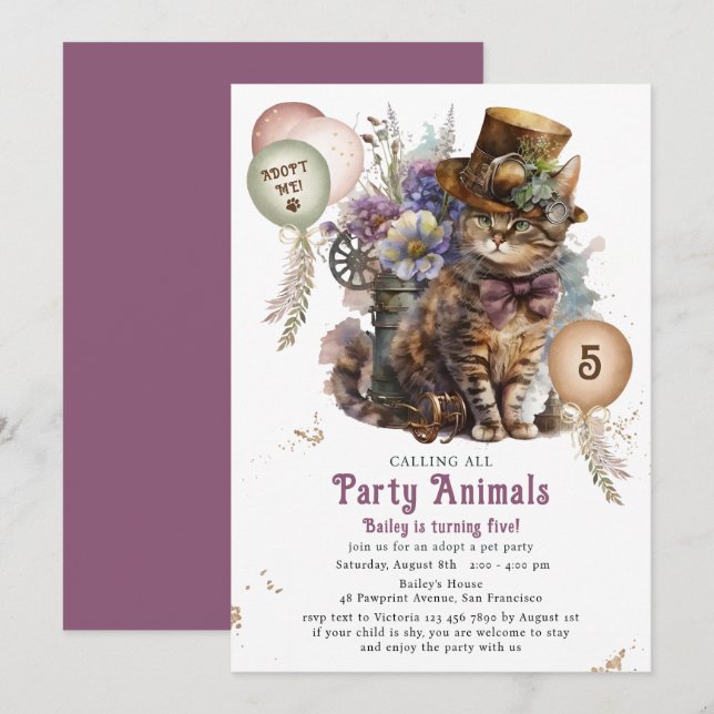5. Geburtstagskatze Adoption Party Einladung (Vorne/Hinten)
