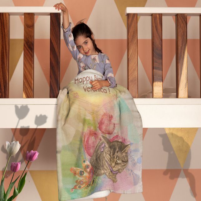 5. Geburtstagskatze Fleecedecke (5th Birthday Girl Cat butterfly Fleece Blanket)