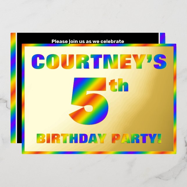 5. Geburtstagsparty — Spaß, Regenbogenspektrum "5" Folieneinladung (Vorderseite/Rückseite)