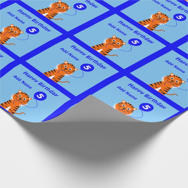 5. Geburtstagstiger individuelle Name blau Geschenkpapier (Ecke)