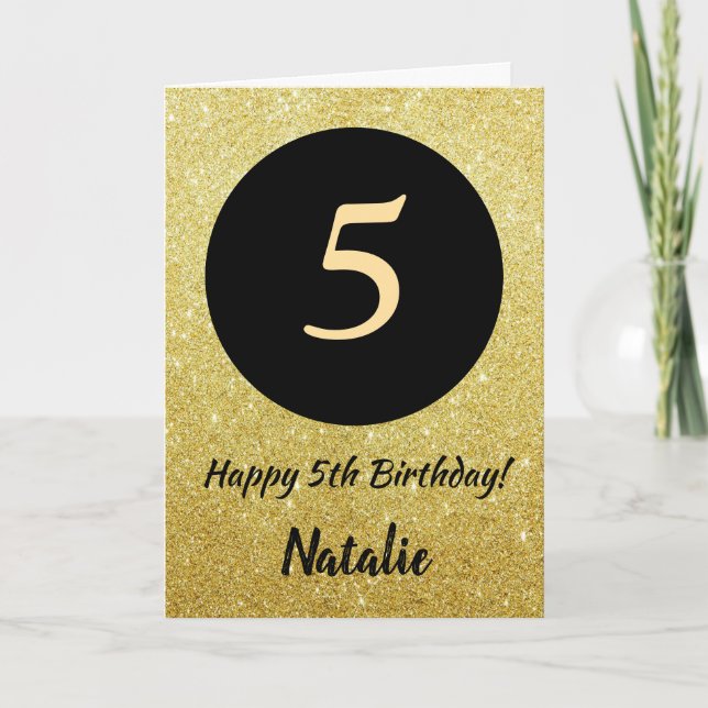 5. Happy Birthday Black and Gold Glitzer Card Karte (Vorderseite)
