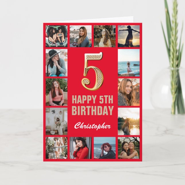 5. Happy Birthday Rot und Gold Foto Collage Karte (Vorderseite)
