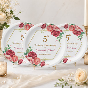 5. Hochzeitsjubiläum Goldrahmen Blumen Pappteller