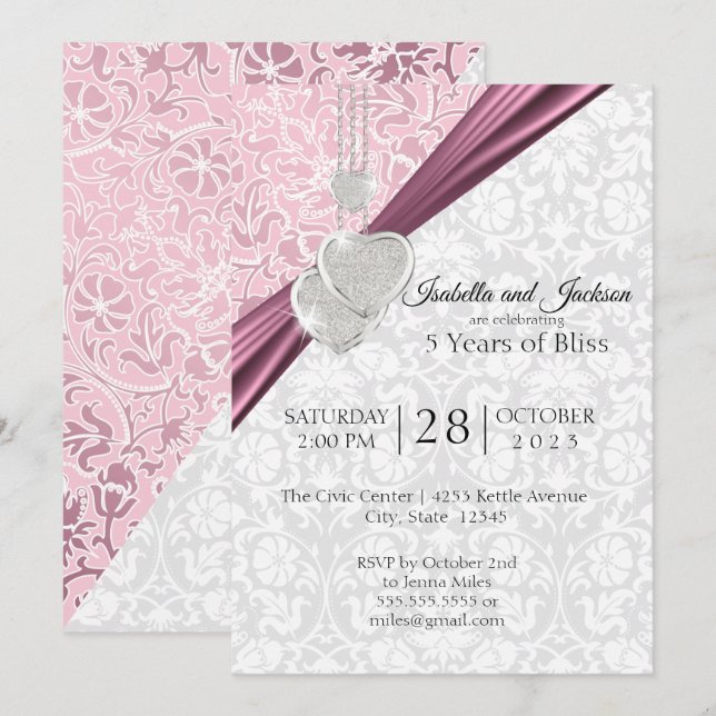 5. Hochzeitstag-Entwurf - Rosa Einladung (Vorne/Hinten)