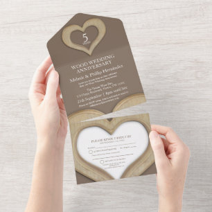 5. Holzherz-Hochzeitstag braun All In One Einladung