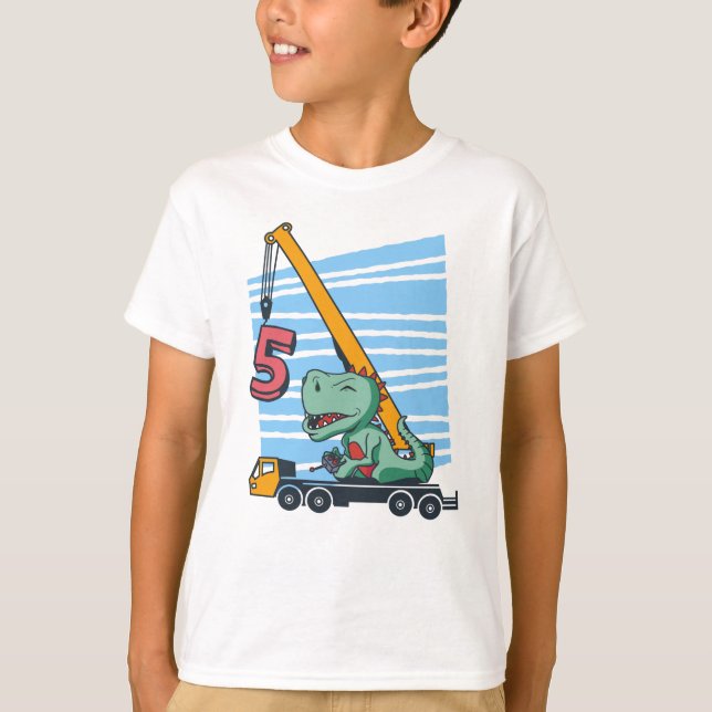 5 Jahre 5. Geburtstag Mobilkran Dinosaurier T-Shirt (Vorderseite)