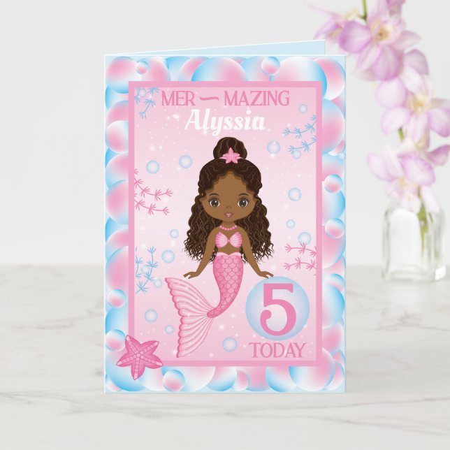 5 Jahre alte schwarze Meerjungfrau | Happy Birthda Karte (Orchidee)