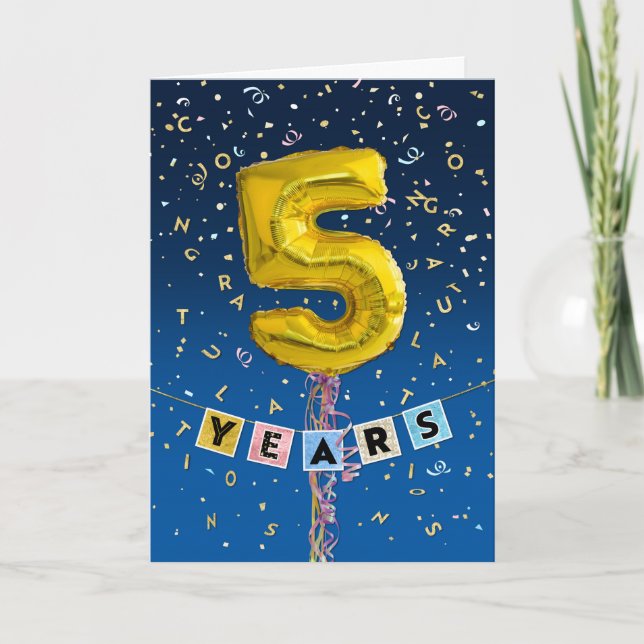 5 Jahre Mitarbeiterjubiläum - Goldene Ballons Karte (Vorderseite)