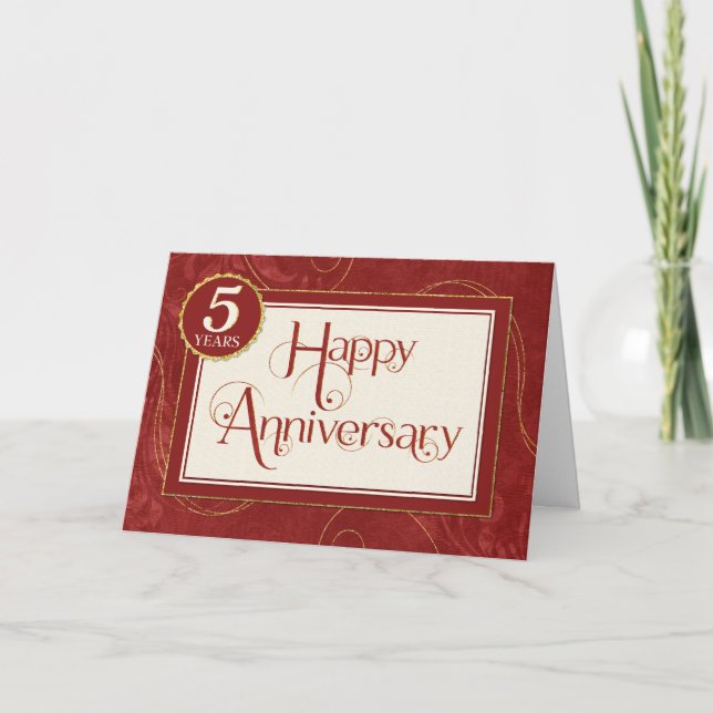 5 Jahre Mitarbeiterjubiläum - Text-Wirbel Damask Karte (Vorderseite)