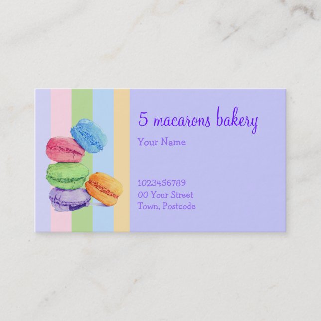 5 Macarons Streifen Bäckerei Business Card Visitenkarte (Vorderseite)