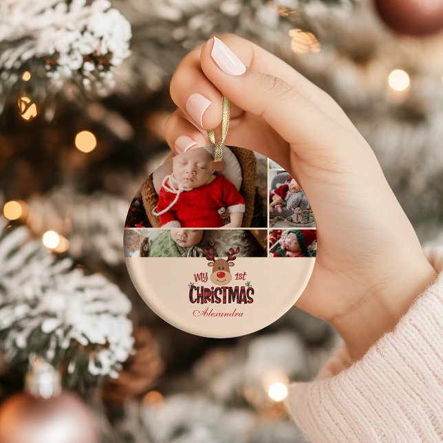 5 Photo Plaid Reindeer Baby First Christmas  Keramik Ornament (Von Creator hochgeladen)