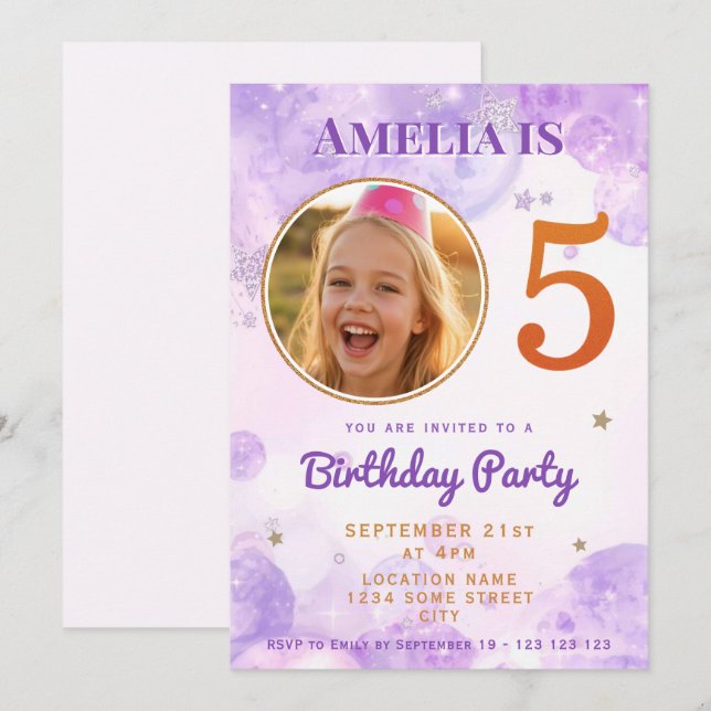 5 Purple Gold Star Bubbles 5th Birthday Invitation Einladung (Vorne/Hinten)