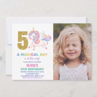 5. Rainbow Unicorn Geburtstag Einladungen mit Foto