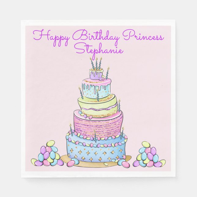 5-schichtige, moderne Girly Birthday Cake mit Kerz Serviette (Vorderseite)