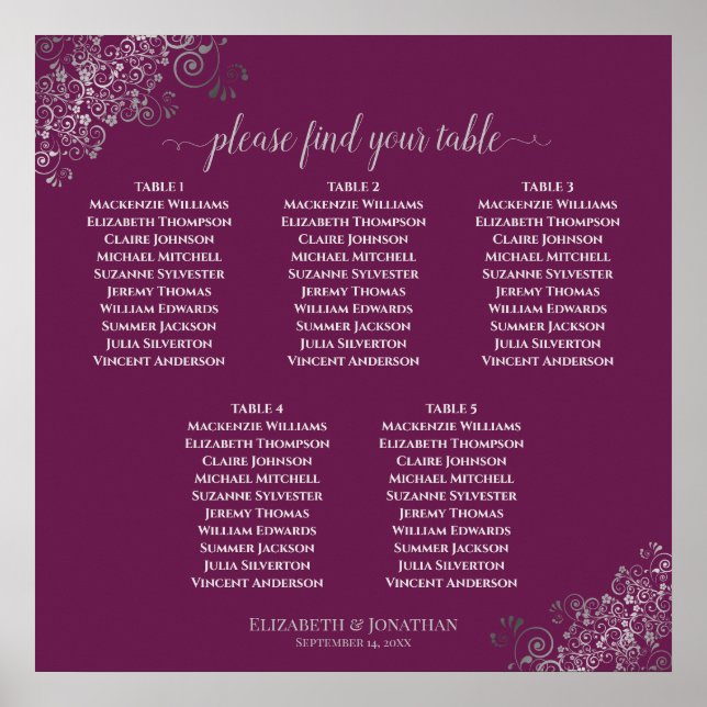 5 Tabelle Cassis & Silver Wedding Seating Chart Poster (Vorne)