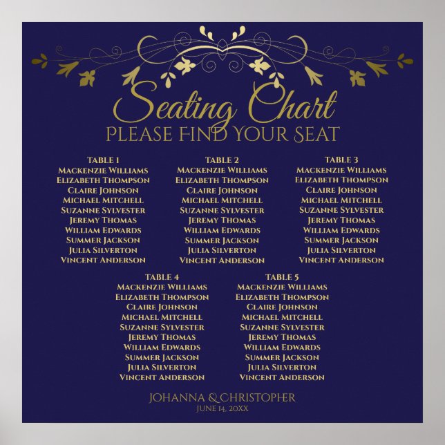 5 Tabelle Elegantes Gold & Navy Hochzeitsdiagramm Poster (Vorne)