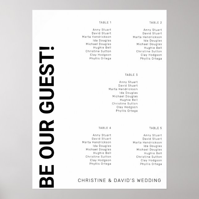 5 Tabellen Einfache White Wedding Chart Poster (Vorne)
