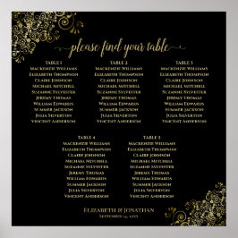 5 Table Black Wedding Seating Chart w/ Gold Frills Poster