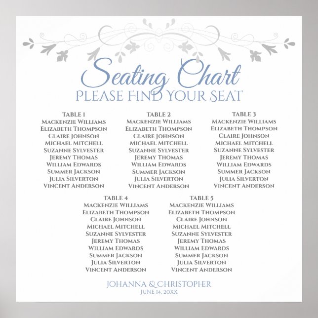 5 Table Blue & Grey elegante Hochzeitskarte Poster (Vorne)