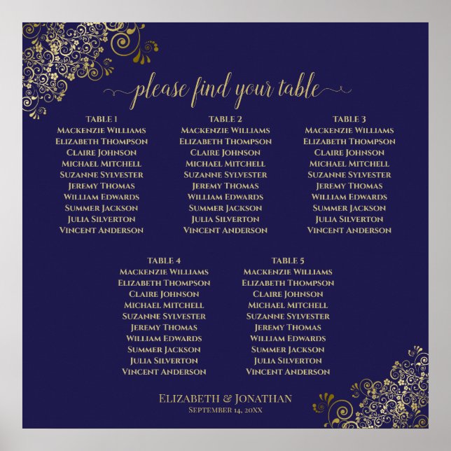 5 Table Navy Blue Wedding Chart Lacy Gold Poster (Vorne)