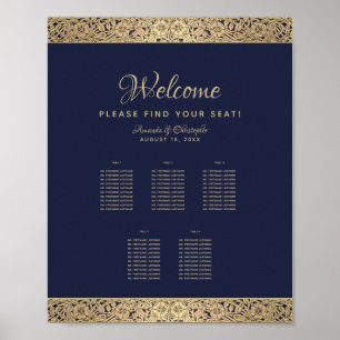 5 Tables Navy Blue Wedding Chart Gold Rose Poster
