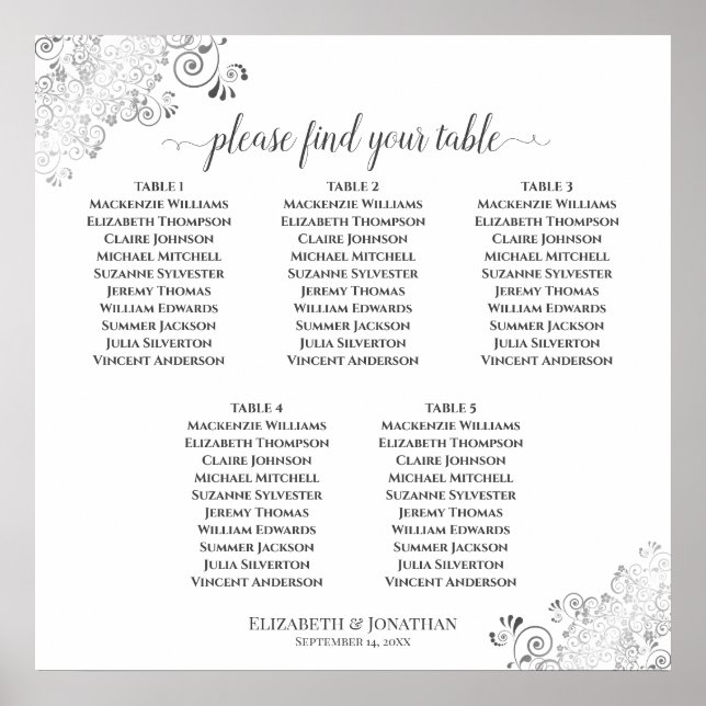 5 Tafelschränke für einfache Hochzeitssitze Silber Poster (Vorne)
