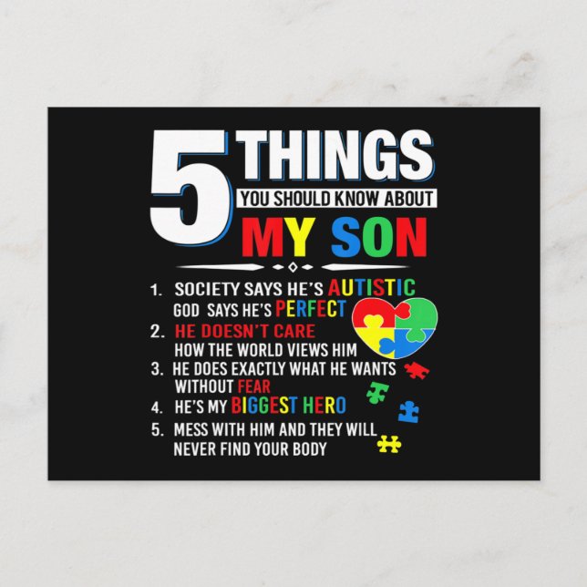 5 Things You Should Know About My Son Autism Aware Postkarte (Vorderseite)