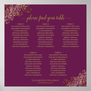 5-Tisch-Magenta-Pflaume-und-Gold-Hochzeits-Sitzpla Poster
