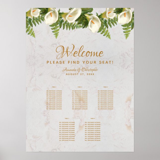 5 Tische Sitzkarte Calla Lilies Marmorhochzeit Poster (Vorne)