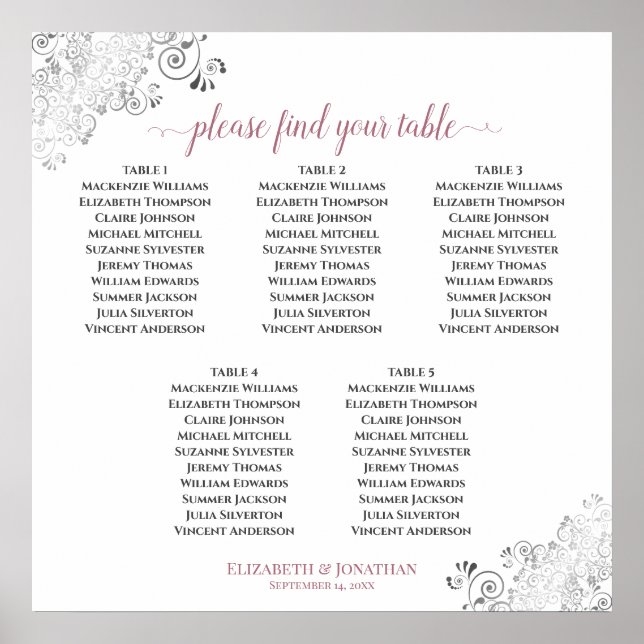 5 Tischlacy Hochzeitskartentabelle Rose auf Weiß Poster (Vorne)