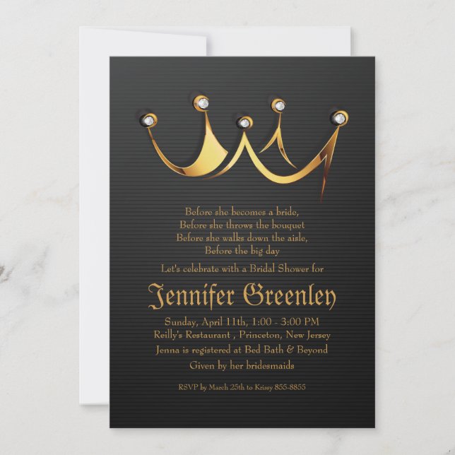 5" x 7" Goldkönigliches Königin-Kronen-Brautparty Einladung (Vorderseite)