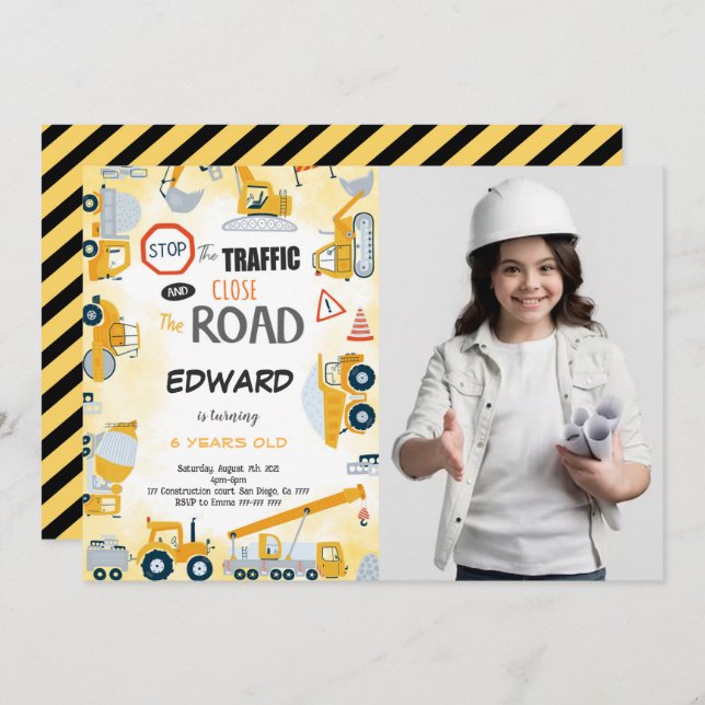5e anniversaire Construction Boy Photo Invitation (Devant / Derrière)